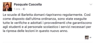 Il post del sindaco Cascella